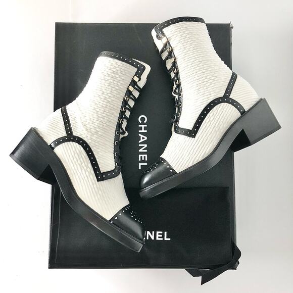 CHANEL Shoes - NIB Chanel CC Velvet and Lambskin White Black Platform Lace Up Ankle Boots 38.5